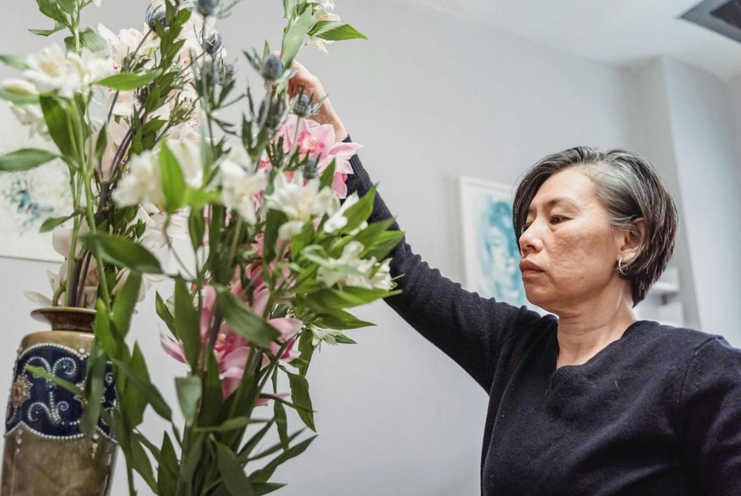 Modern floristry arrangement on a work surface